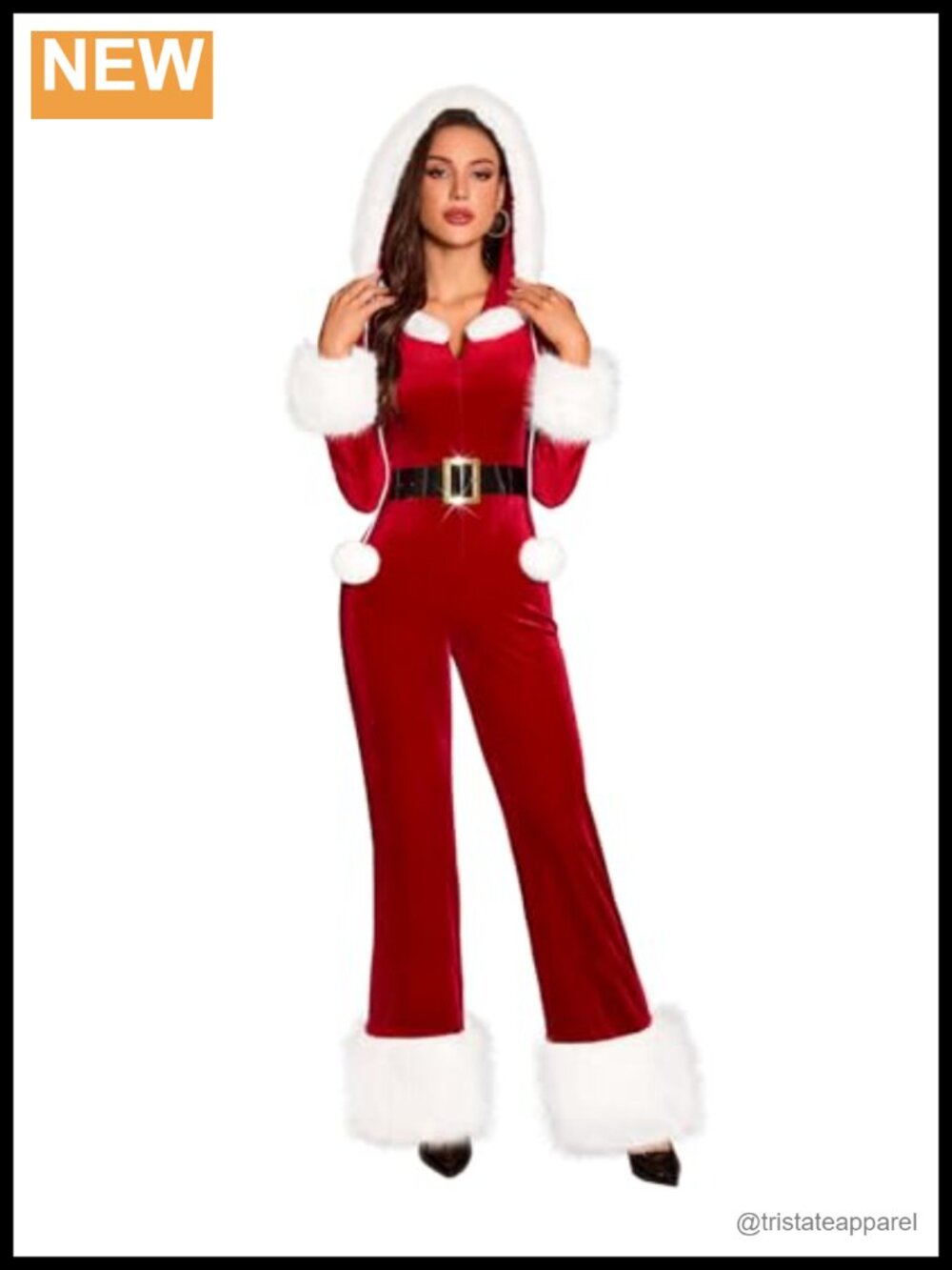 Velvet Santa Christmas Jumpsuit Faux Fur Trim Belted Hooded Xmas Costume
